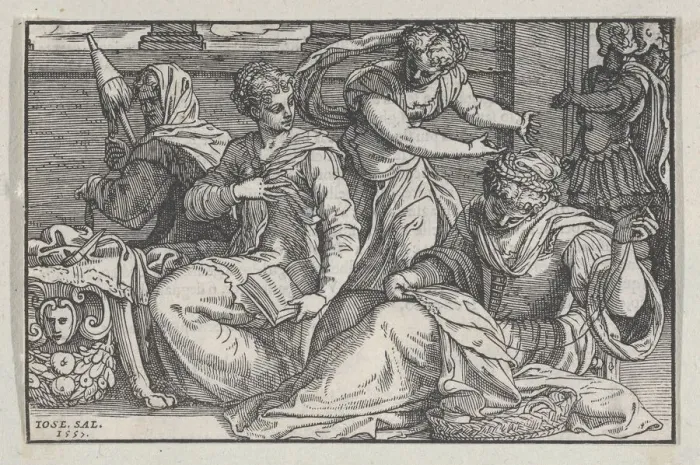 Framed Print : Lucretia instructing her daughters in needlework, 1557. Creator: Giuseppe Porta Framed Print : Lucretia instructing her daughters in needlework, 1557. Creator: Giuseppe Porta