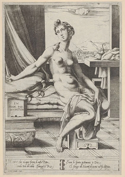 Lucretia naked and seated before a window, a dagger in her right hand and holding d