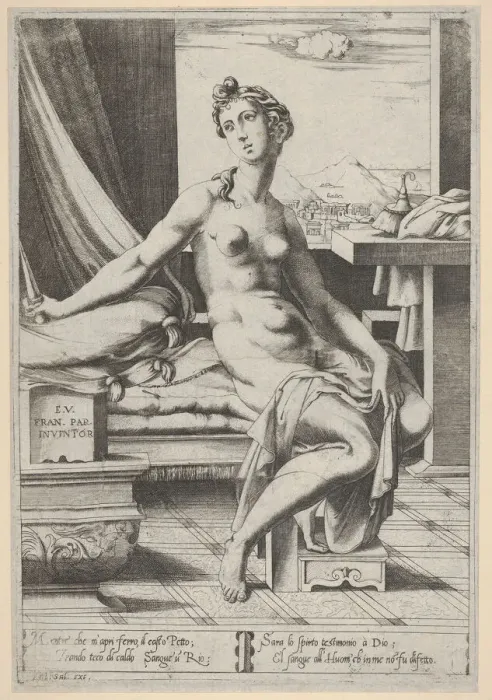 Framed Print : Lucretia naked and seated before a window, a dagger in her right hand and holding d Framed Print : Lucretia naked and seated before a window, a dagger in her right hand and holding d