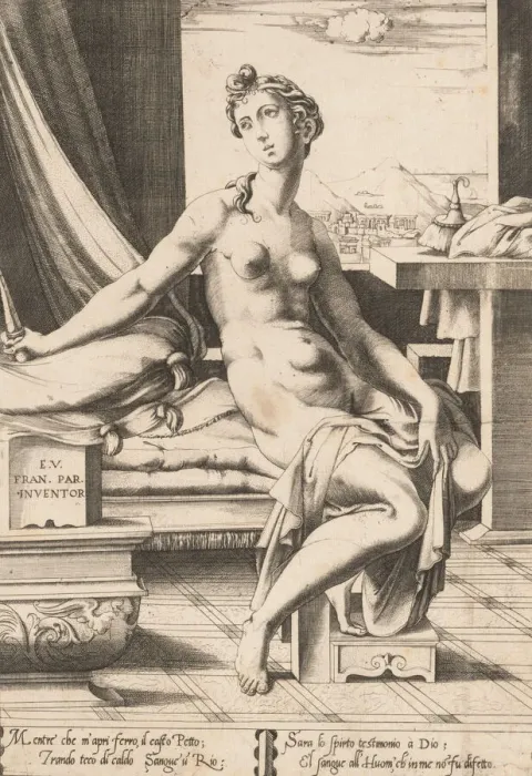 Framed Print : Lucretia Preparing to Kill Herself, ca. 1542. Creator: Enea Vico Framed Print : Lucretia Preparing to Kill Herself, ca. 1542. Creator: Enea Vico