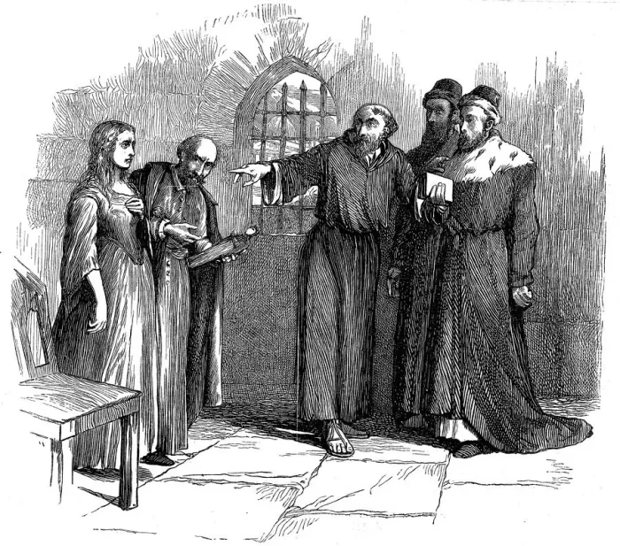 Framed Print : Lucrezia Castellani before Inquisitors after banned Waldenses service, c1476 (19th century) Framed Print : Lucrezia Castellani before Inquisitors after banned Waldenses service, c1476 (19th century)