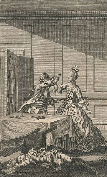 Lucy attempting to shoot herself, after killing Mr. Wimple, 18th century. Creator: Unknown