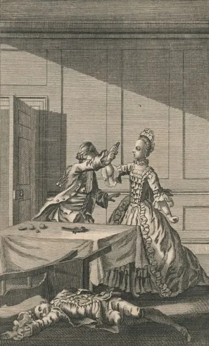 Framed Print : Lucy attempting to shoot herself, after killing Mr. Wimple, 18th century. Creator: Unknown Framed Print : Lucy attempting to shoot herself, after killing Mr. Wimple, 18th century. Creator: Unknown