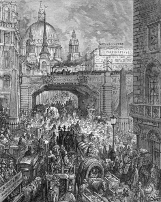 Framed Print : Ludgate Hill - A block in the Street, 1872. Creator: Gustave Doré Framed Print : Ludgate Hill - A block in the Street, 1872. Creator: Gustave Doré