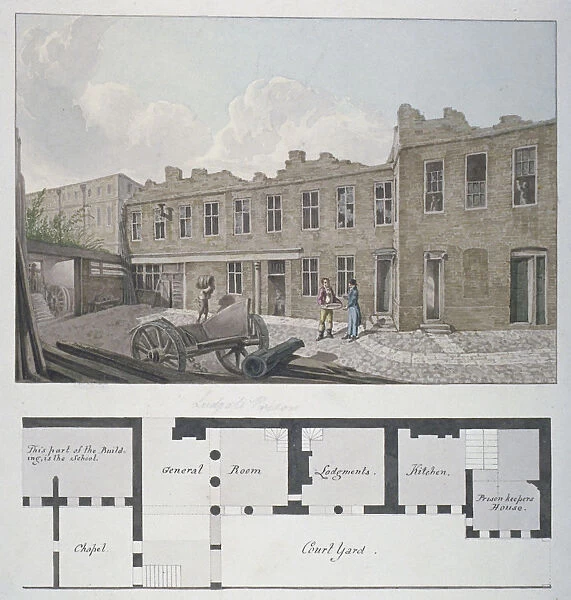 Ludgate Prison with a plan of the London Workhouse, Bishopsgate, beneath, City of London, 1818