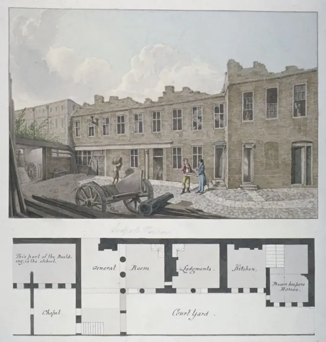 Framed Print : Ludgate Prison with a plan of the London Workhouse, Bishopsgate, beneath, City of London, 1818 Framed Print : Ludgate Prison with a plan of the London Workhouse, Bishopsgate, beneath, City of London, 1818
