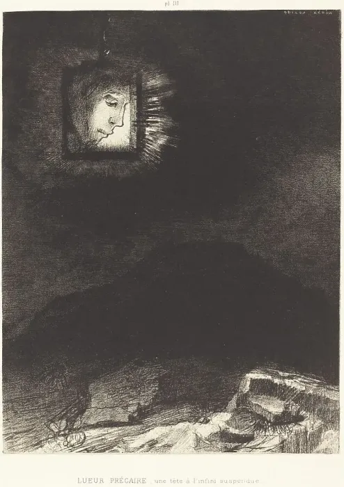 Framed Print : Lueur precaire, une tete a l'infini suspendue(Precarious glimmering, a head suspended, 1891. Creator: Odilon Redon) Framed Print : Lueur precaire, une tete a l'infini suspendue(Precarious glimmering, a head suspended, 1891. Creator: Odilon Redon)