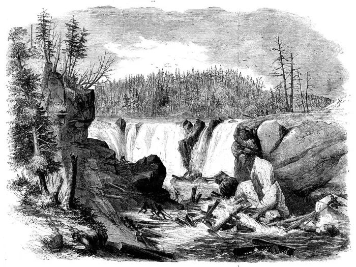 Framed Print : Lumbering in New Brunswick - Driving Logs down the Falls of the St. John, 1858. Creator: Unknown Framed Print : Lumbering in New Brunswick - Driving Logs down the Falls of the St. John, 1858. Creator: Unknown