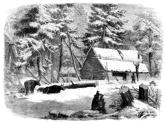 Framed Print : Lumbering in New Brunswick - Lumberman's Camp-house, 1858. Creator: Unknown Framed Print : Lumbering in New Brunswick - Lumberman's Camp-house, 1858. Creator: Unknown