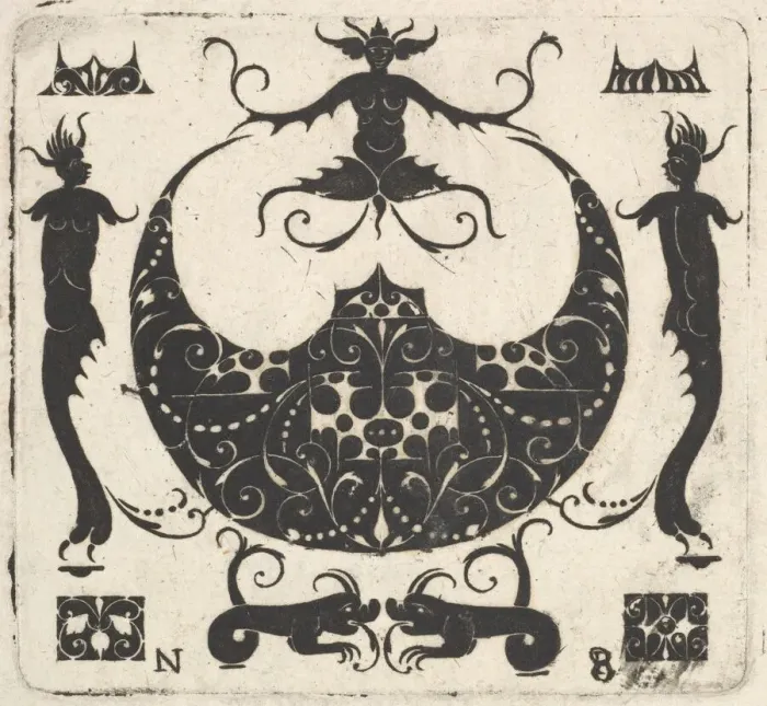 Framed Print : Lunar-shaped Ring Bezel and Grotesque Figures, ca. 1620-30. Creator: Noel Rouillard Framed Print : Lunar-shaped Ring Bezel and Grotesque Figures, ca. 1620-30. Creator: Noel Rouillard