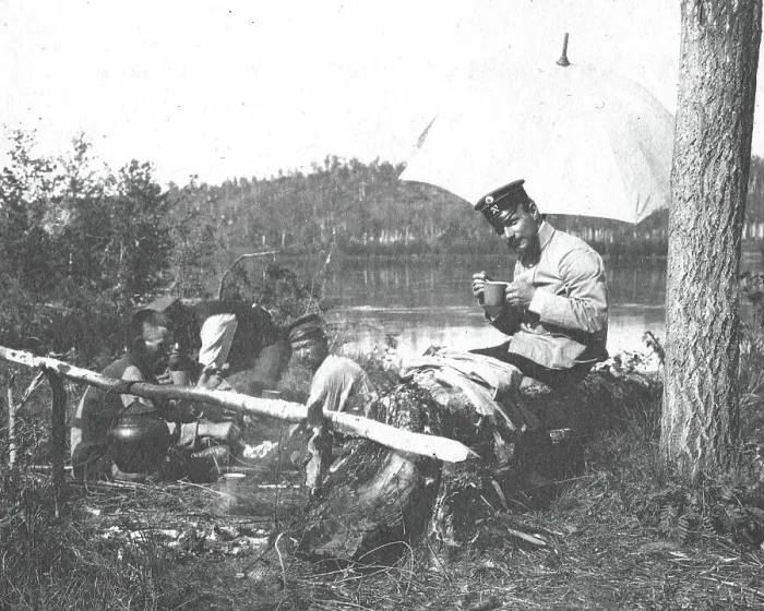 Framed Print : Lunch for prospectors on the banks of the Zeya River, 1909. Creator: Vladimir Ivanovich Fedorov Framed Print : Lunch for prospectors on the banks of the Zeya River, 1909. Creator: Vladimir Ivanovich Fedorov