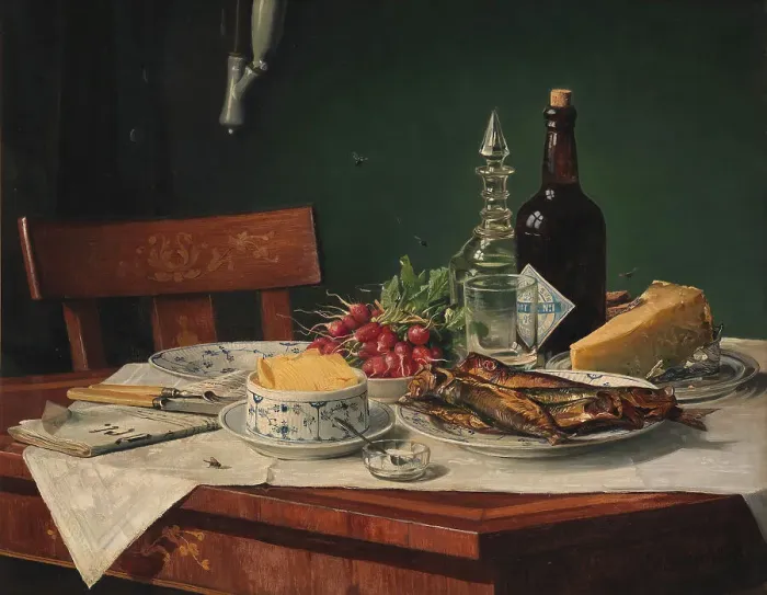 Framed Print : Lunch table, 1884. Creator: Oluf August Hermansen Framed Print : Lunch table, 1884. Creator: Oluf August Hermansen