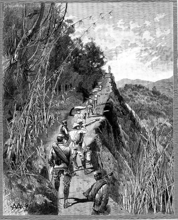 Framed Print : With the Lushai Expedition: coolies carrying bags of rice up a mountain path, 1890. Creator: R. Taylor Framed Print : With the Lushai Expedition: coolies carrying bags of rice up a mountain path, 1890. Creator: R. Taylor