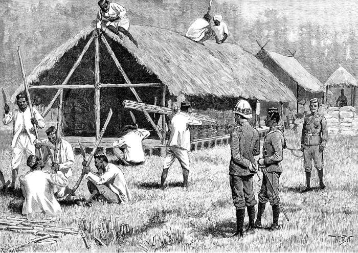 Framed Print : The Lushai Expedition: Goorkhas building a hut to store their spare kit, 1890. Creator: R. Taylor Framed Print : The Lushai Expedition: Goorkhas building a hut to store their spare kit, 1890. Creator: R. Taylor