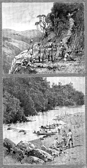 Framed Print : Lushai Expedition: signalling party with heliograph; encampment...on the Kurnafuli River, 1890. Creator: R. Taylor Framed Print : Lushai Expedition: signalling party with heliograph; encampment...on the Kurnafuli River, 1890. Creator: R. Taylor