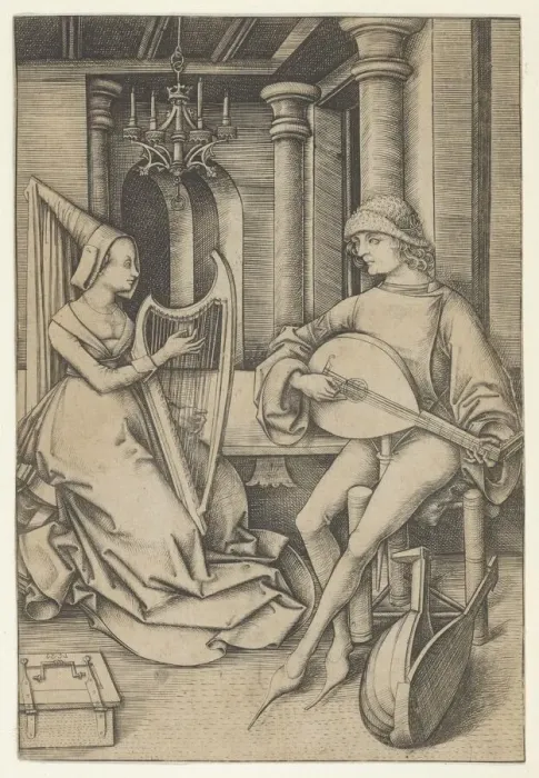 Framed Print : Lute Player and Harpist, from Scenes of Daily Life. n. d. Creator: Israhel van Meckenem Framed Print : Lute Player and Harpist, from Scenes of Daily Life. n. d. Creator: Israhel van Meckenem