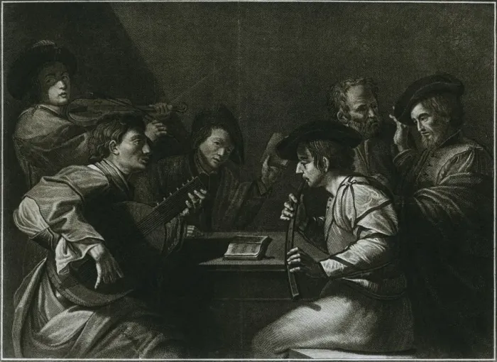 Framed Print : Lute, violin and black (curved) zink; Italian engraving of the year 1784, 1948 Framed Print : Lute, violin and black (curved) zink; Italian engraving of the year 1784, 1948