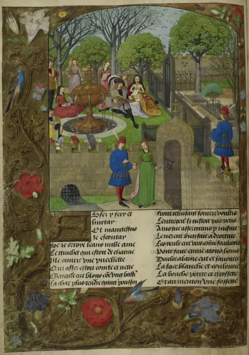Framed Print : Lutenist and singers in a walled garden, the Lover and Dame Oyseuse... 1490-1500. Creator: Unknown Framed Print : Lutenist and singers in a walled garden, the Lover and Dame Oyseuse... 1490-1500. Creator: Unknown