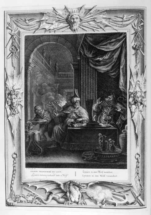 Framed Print : Lycaon Metamorphosed into a Wolf, 1733. Artist: Bernard Picart Framed Print : Lycaon Metamorphosed into a Wolf, 1733. Artist: Bernard Picart