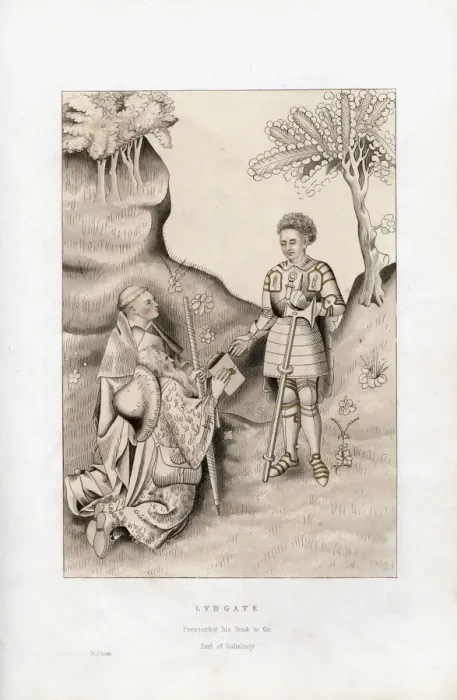 Framed Print : Lydgate presenting his book to the Earl of Salisbury, 1426, (1843). Artist: Henry Shaw Framed Print : Lydgate presenting his book to the Earl of Salisbury, 1426, (1843). Artist: Henry Shaw