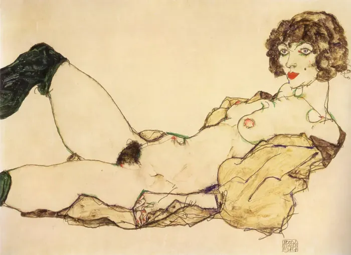 Framed Print : Lying nude with green stockings, 1917 Framed Print : Lying nude with green stockings, 1917