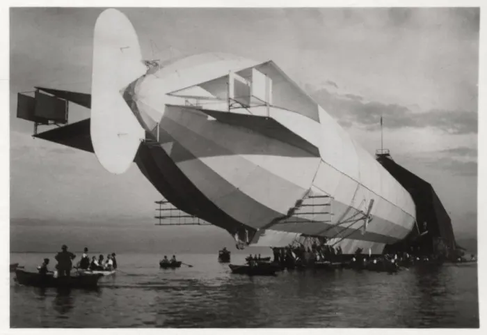 Framed Print : LZ 6 entering a floating hanger, Halle, Germany, c1909-1910 (1933) Framed Print : LZ 6 entering a floating hanger, Halle, Germany, c1909-1910 (1933)