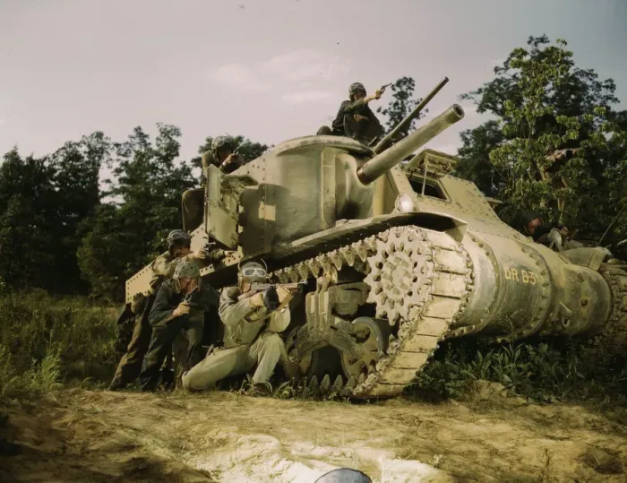 Framed Print : M-3 tank and crew using small arms, Ft. Knox, Ky. 1942. Creator: Alfred T Palmer Framed Print : M-3 tank and crew using small arms, Ft. Knox, Ky. 1942. Creator: Alfred T Palmer