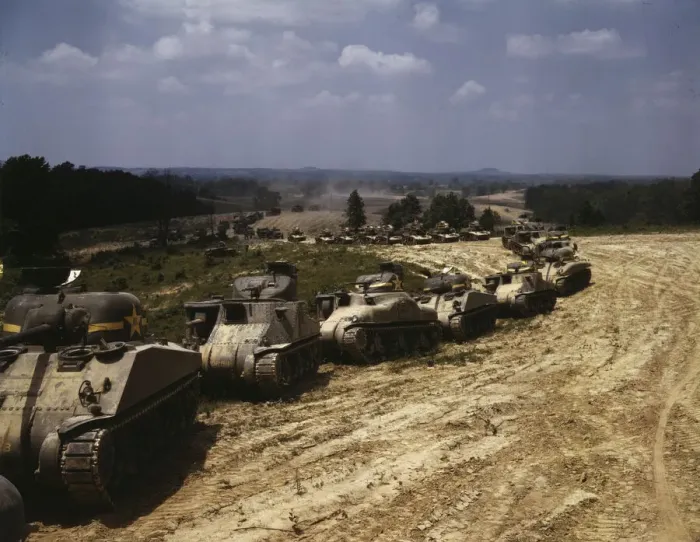 Framed Print : M-4 tank line, Ft. Knox, Ky. 1942. Creator: Alfred T Palmer Framed Print : M-4 tank line, Ft. Knox, Ky. 1942. Creator: Alfred T Palmer