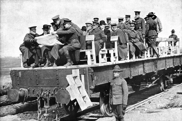 Framed Print : M. Baker en France; En inspection sur une voie ferree, M. Newton D. Baker, le general... 1917. Creator: Unknown Framed Print : M. Baker en France; En inspection sur une voie ferree, M. Newton D. Baker, le general... 1917. Creator: Unknown