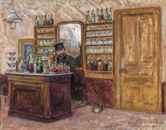 Framed Print : M. Baudy Behind his Desk at the Hotel Baudy, 1888. Creator: John Leslie Breck