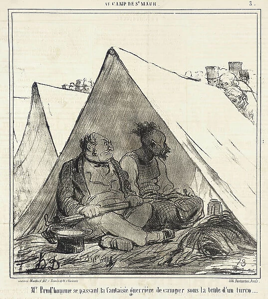 M. Prud'homme se passant la fantaisie guerrière de camper sous la tente d'un turco... 1859. Creator: Honore Daumier