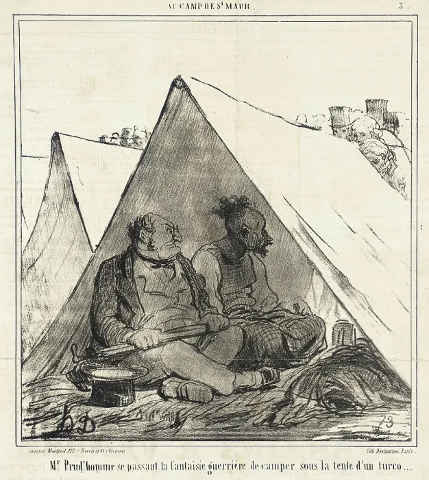 Framed Print : M. Prud'homme se passant la fantaisie guerrière de camper sous la tente d'un turco... 1859. Creator: Honore Daumier Framed Print : M. Prud'homme se passant la fantaisie guerrière de camper sous la tente d'un turco... 1859. Creator: Honore Daumier
