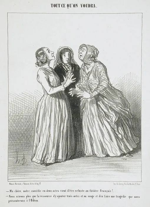 Framed Print : Ma chère, notre comédie en deux actes vient d'être refusée au Théâtre Français!... 1852. Creator: Honore Daumier Framed Print : Ma chère, notre comédie en deux actes vient d'être refusée au Théâtre Français!... 1852. Creator: Honore Daumier