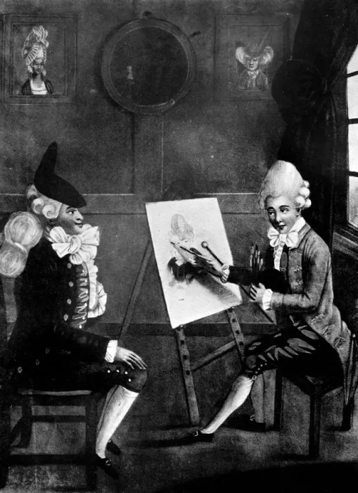 Framed Print : The Macaroni Painter, or Billy Dimple sitting for his picture, 1770. Artist: Robert Dighton Framed Print : The Macaroni Painter, or Billy Dimple sitting for his picture, 1770. Artist: Robert Dighton