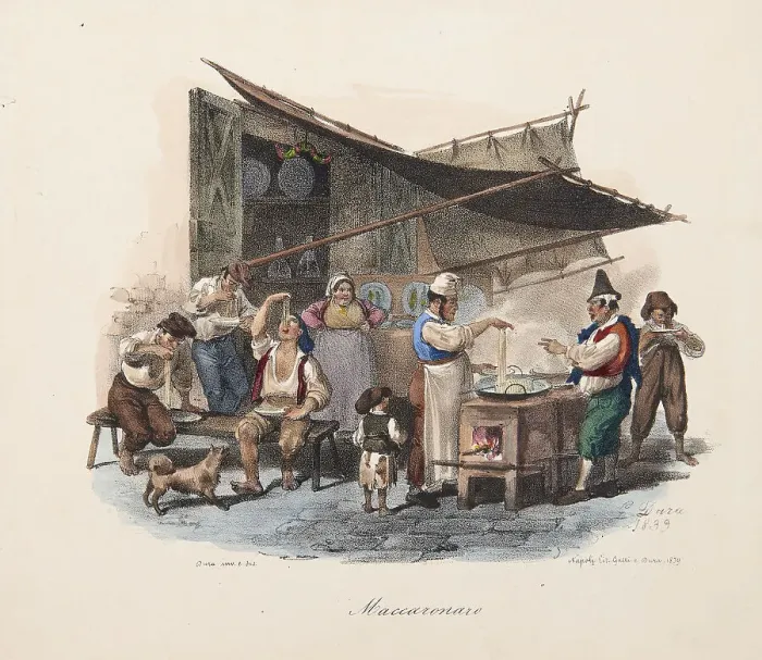 Framed Print : Maccaronaro (Macaroni Vendor). From Scene di vita e costumi napoletani, 1839. Creator: Dura; Gaetano (1805-1878) Framed Print : Maccaronaro (Macaroni Vendor). From Scene di vita e costumi napoletani, 1839. Creator: Dura; Gaetano (1805-1878)