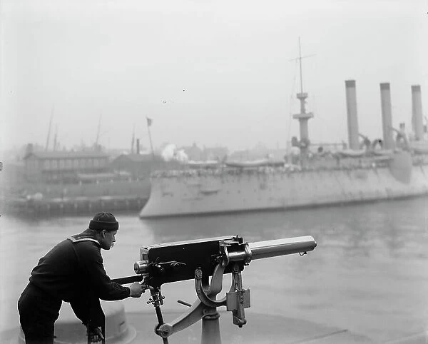 Machine gun at Brooklyn Navy Yard, between 1890 and 1901. Creator: Unknown