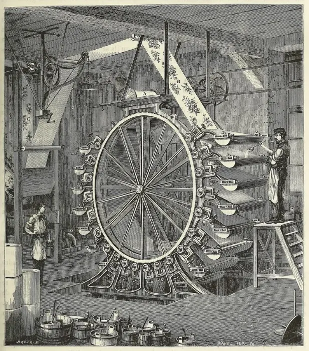 Framed Print : Machine for Printing Wallpaper in up to Twenty Colours, pub. 1873 (engraving), 1873 Framed Print : Machine for Printing Wallpaper in up to Twenty Colours, pub. 1873 (engraving), 1873