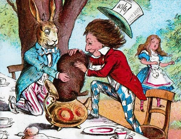 The Mad Hatter and the March Hare trying to put the Dormouse into a teapot, c1910. Artist: John Tenniel