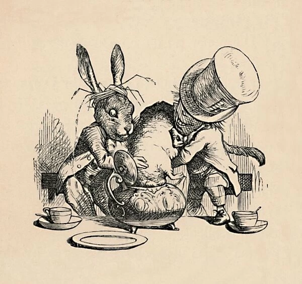 The Mad Hatter and March hare trying to put the Dormouse into a teapot, 1889. Artist: John Tenniel