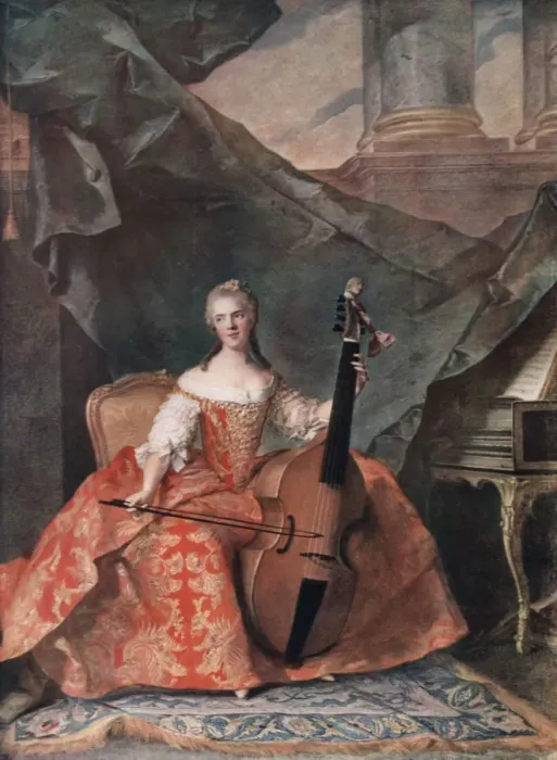 Framed Print : Madame Henriette de France in Court Costume Playing a Bass Viol, 1754. Artist: Jean-Marc Nattier Framed Print : Madame Henriette de France in Court Costume Playing a Bass Viol, 1754. Artist: Jean-Marc Nattier
