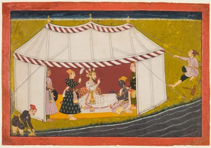Framed Print : Madhava in a tent before a ruler, from a Madhavanala Kamakandala series, c. 1700. Creator: Unknown Framed Print : Madhava in a tent before a ruler, from a Madhavanala Kamakandala series, c. 1700. Creator: Unknown