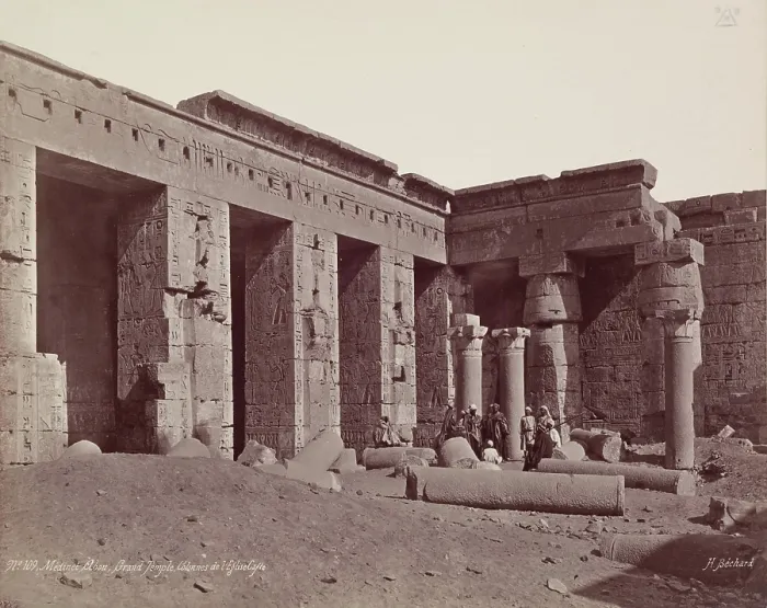 Framed Print : Madinet Habu, Second Court of the Mortuary Temple of Ramesses III. Luxor, West, late 19th century. Creator: Henri Bechard Framed Print : Madinet Habu, Second Court of the Mortuary Temple of Ramesses III. Luxor, West, late 19th century. Creator: Henri Bechard