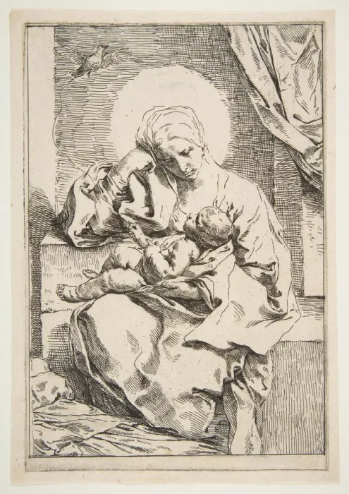 Framed Print : Madonna and Child with a bird, ca. 1635-1636. Creator: Simone Cantarini Framed Print : Madonna and Child with a bird, ca. 1635-1636. Creator: Simone Cantarini