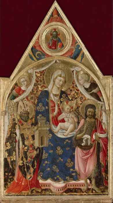 Framed Print : Madonna and Child, with a Bishop, St John the Baptist and Angels, early 15th century Framed Print : Madonna and Child, with a Bishop, St John the Baptist and Angels, early 15th century