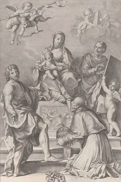Madonna and Child at center with Saint John the Baptist, Saint Luke, Pope Peter Celestini