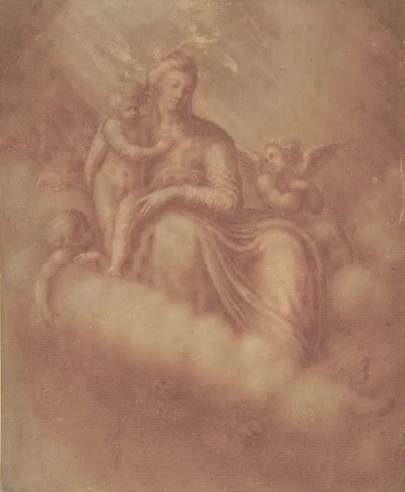 Framed Print : Madonna and Child Among the Clouds, 16th century. Creator: Anon Framed Print : Madonna and Child Among the Clouds, 16th century. Creator: Anon