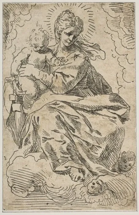 Framed Print : Madonna and Child on clouds, 17th century. Creator: Attributed to Simone Cantarini Framed Print : Madonna and Child on clouds, 17th century. Creator: Attributed to Simone Cantarini