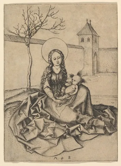Framed Print : The Madonna and Child in the Courtyard, ca. 1435-1491. Creator: Martin Schongauer Framed Print : The Madonna and Child in the Courtyard, ca. 1435-1491. Creator: Martin Schongauer