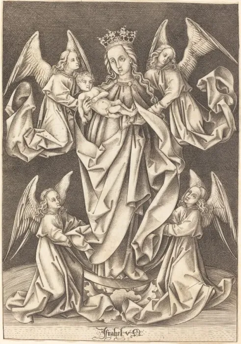 Framed Print : The Madonna and Child on the Crescent Supported by Four Angels, c. 1490 / 1500 Framed Print : The Madonna and Child on the Crescent Supported by Four Angels, c. 1490 / 1500
