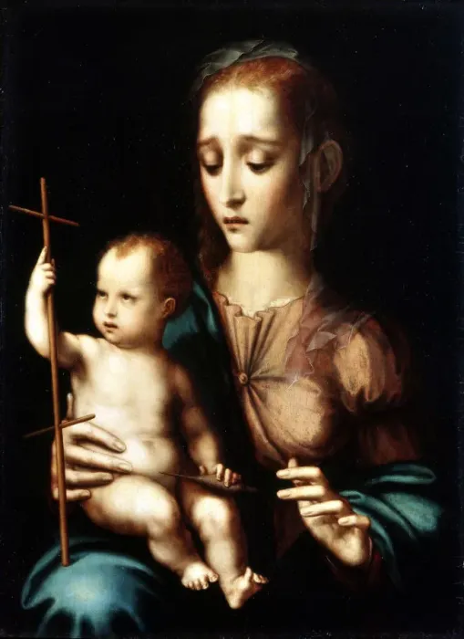 Framed Print : Madonna and Child with a Cross-shaped Distaff, 1570s. Artist: Luis de Morales Framed Print : Madonna and Child with a Cross-shaped Distaff, 1570s. Artist: Luis de Morales